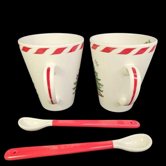 Spode Christmas Tree Conical Mugs Cup Peppermint Spoon Set 2 Coffee Cocoa READ - Picture 2 of 12
